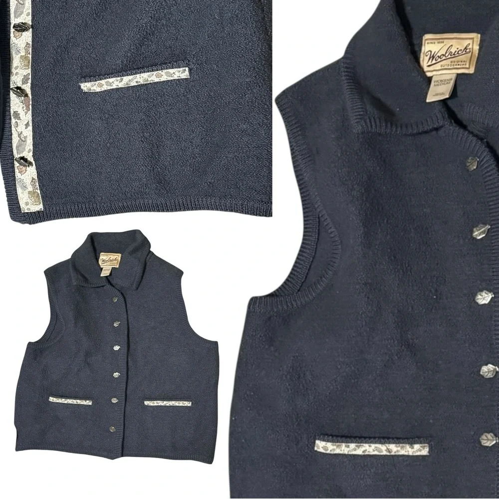 VTG Woolrich Gray Pure New Wool Sweater Vest Transitional Fall Leaves Autumn - M - Picture 2 of 14